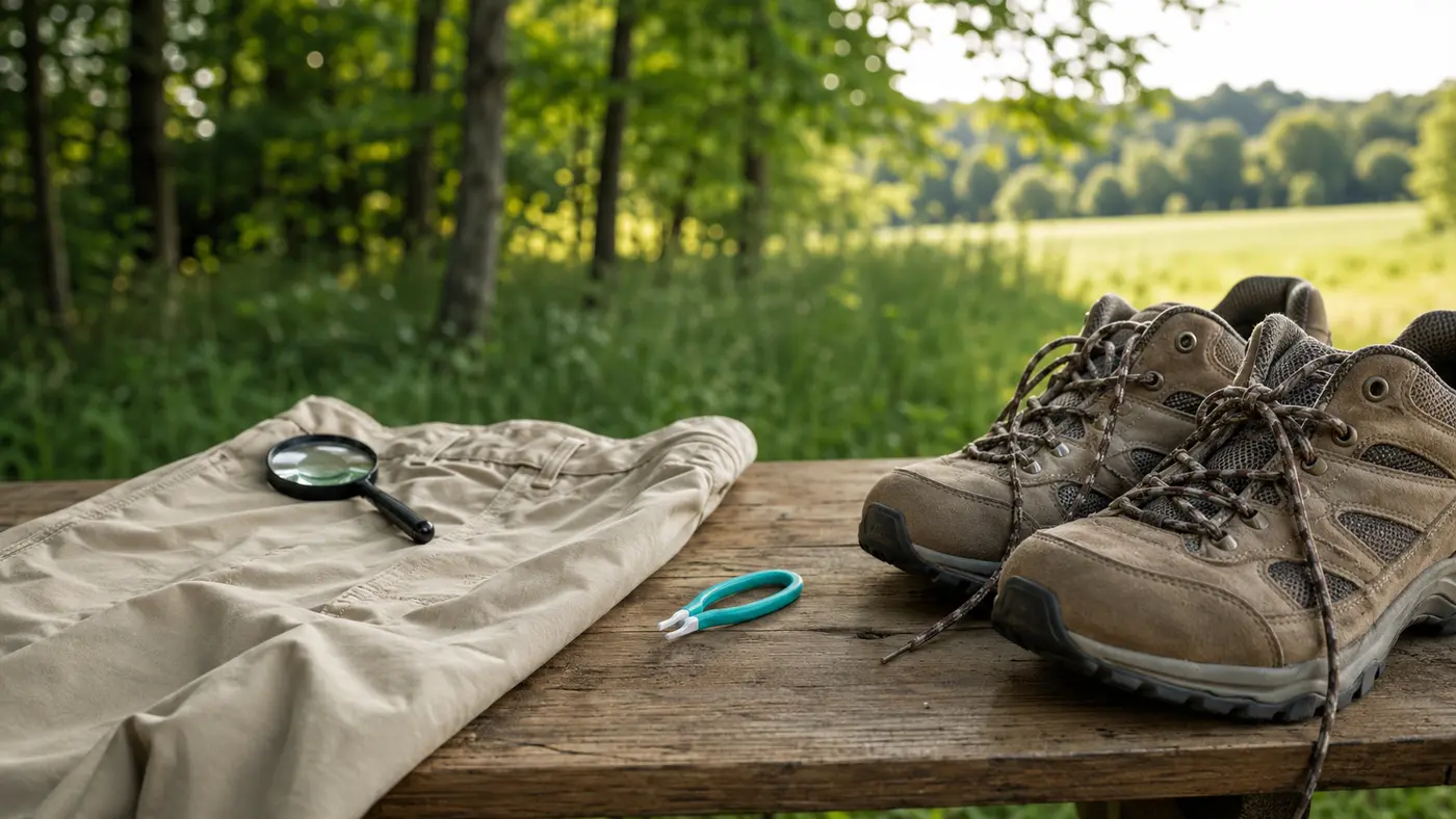 Vêtements couvrants, chaussures de marche et tire-tique après une promenade